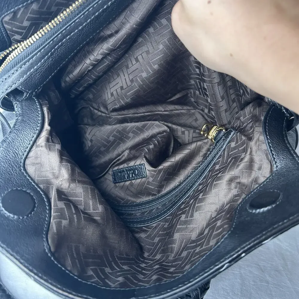 Cole Haan Black Pebbled Leather Shoulder Bag Braided Handles Magnetic Closure